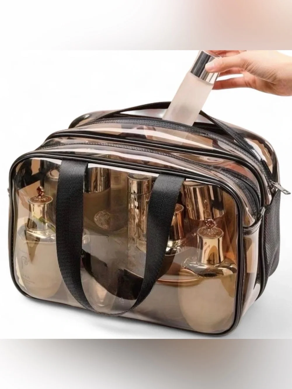 Clear Smoky Cosmetic Makeup Bag with Black Handles/ Toiletry